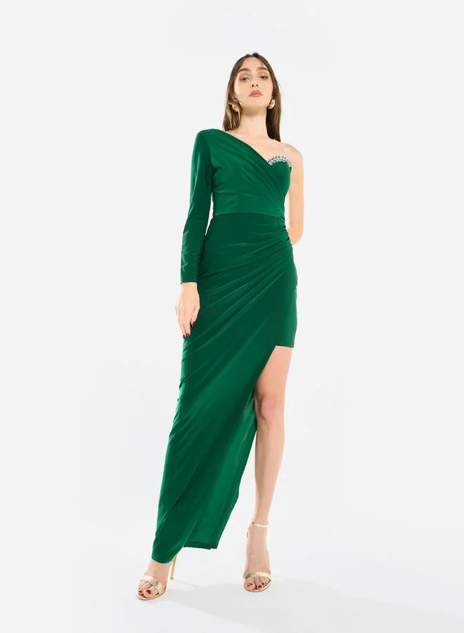 House of Moda Women Crystal Accent Ruched Gown Maxi Dress
